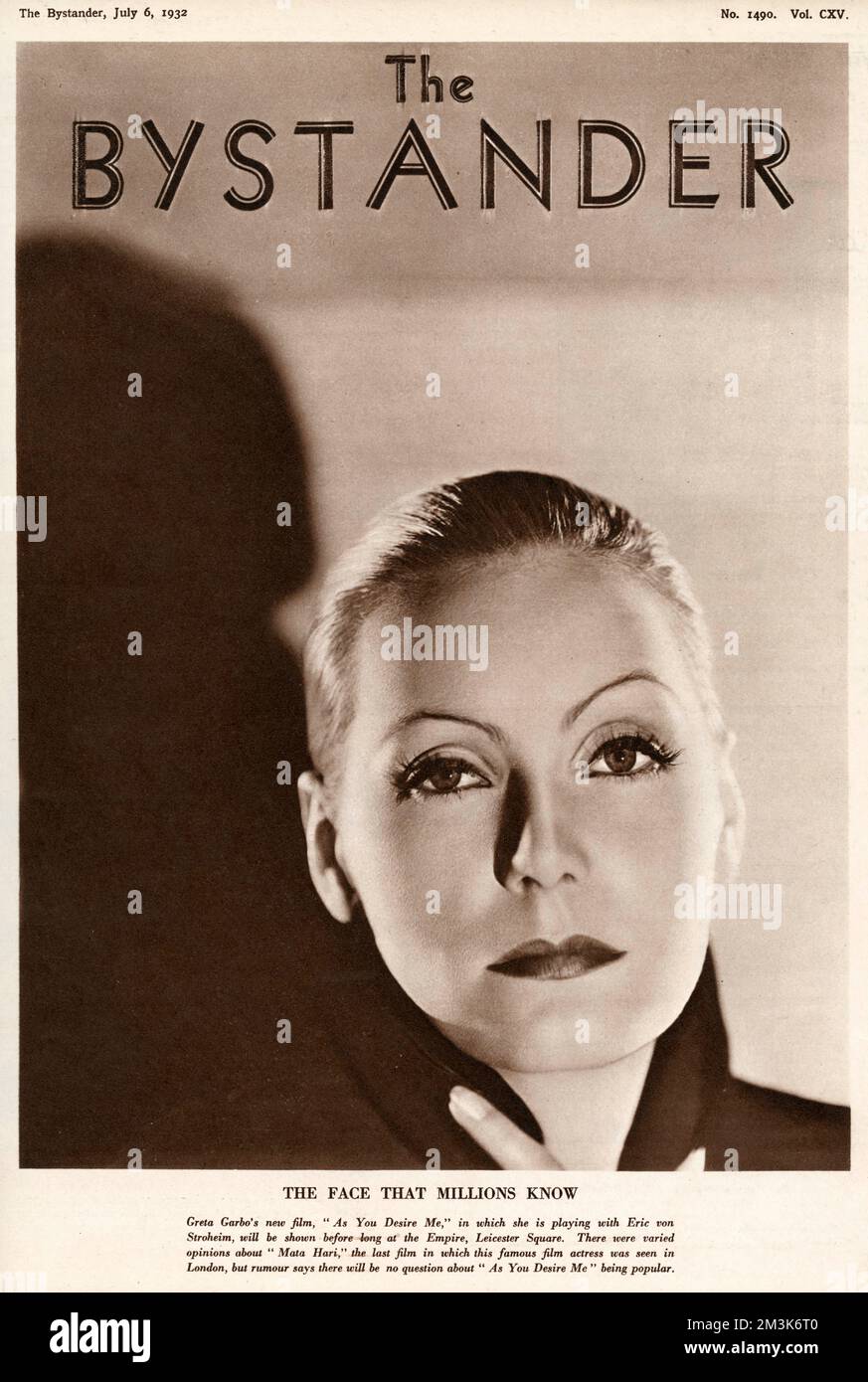 Greta Garbo (1905 - 1990), advertising her film 'As You Desire Me.' Greta Garbo was born in Stockholm and was 'spotted' whilst studying at the Royal Theatre Dramatic School by the Swedish director Mauritz Stiller. Her first Hollywood film was 'The Temptress' 1926. Amongst her other successes are, 'Queen Christie' (1930), 'Anna Karenina' (1935) and 'Ninotchka' (1939). She retired from films in 1941, after receiving poor reviews for 'Two-Faced Woman.' She spent the rest of her life living as a recluse in New York.  1932 Stock Photo