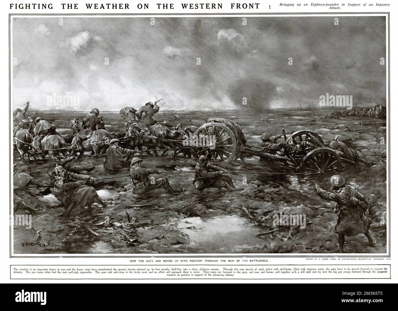 Heavy rain courses massive problems for troops on the western front, churned up by previous transportation and shell fire, made vast streches of mud pits filled with stagnated water. The troops found themselves trying to move stuck guns by using ropes fasterened to the wheels, pulled by horse and man power.     Date: 1916 Stock Photo