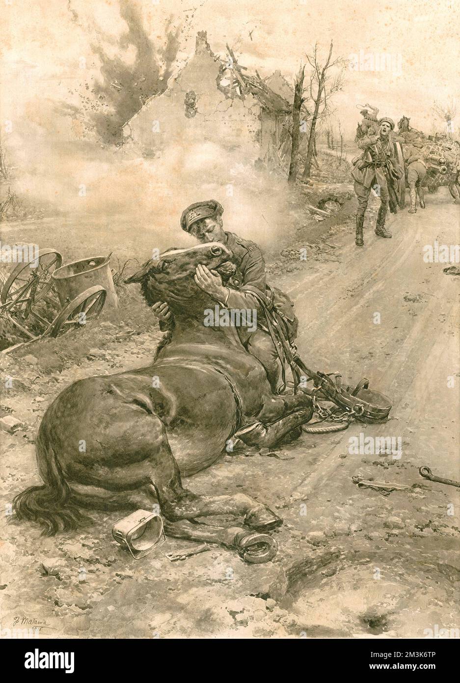 Illustration by Fortunino Matania showing a soldier saying a last goodbye to his faithful horse.  1922 Stock Photo