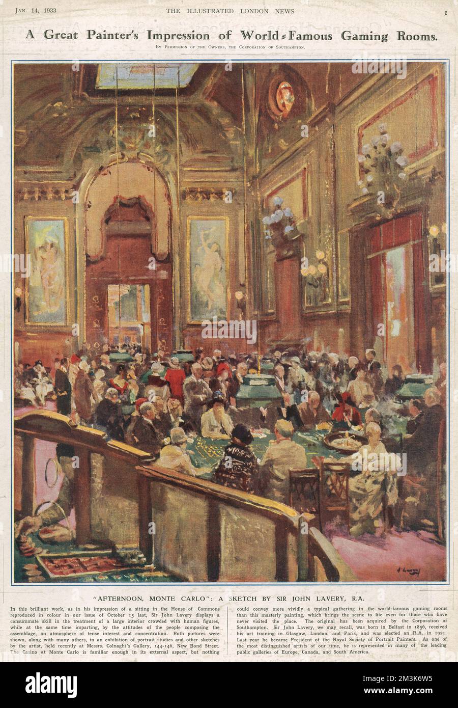 Sir John Lavery's impression of the gaming rooms at the world famous casino in Monte Carlo.     Date: 14th January 1933 Stock Photo