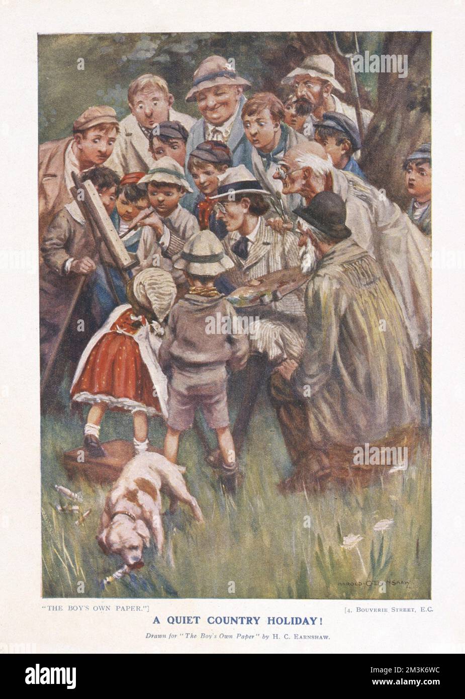 An illustration by Harold Earnshaw of an artist at work with a gaggle of spectators surrounding him. Earnshaw was the husband of Mabel Lucie Attwell. He lost his right arm during World War I but learnt to draw with his remaining hand, carrying on a successful career. Stock Photo