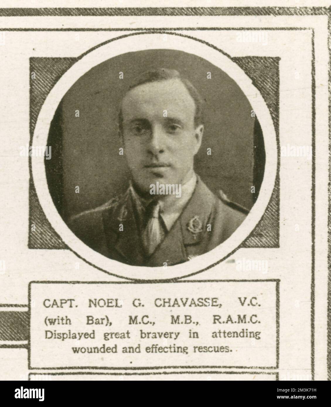 Captain Noel G. Chavasse was Medical Officer to the 1/ 10th Battalion of the King's Liverpool Regiment during the First World War, and is the only person to have been awarded the Victoria Cross twice for the same war. He was awarded his first V.C at the Battle of Hooge in France, for showing extreme bravery whilst rescuing the wounded under enemy fire. He died gaining his second V.C in the battle at Wieltje, near Ypres in 1917. Stock Photo