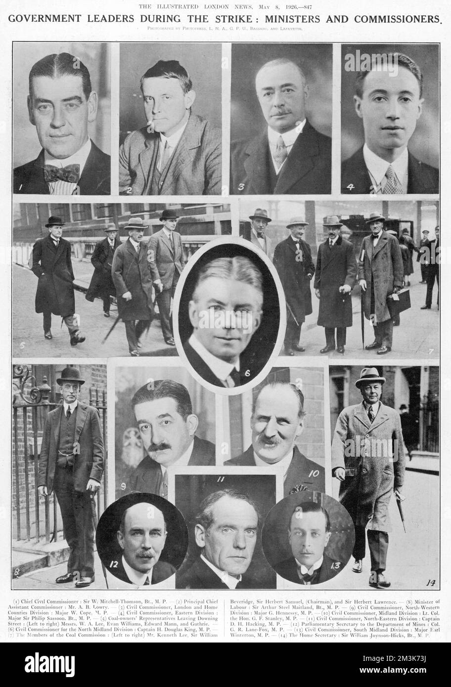 Government leaders during the General Strike: Ministers and Commissioners. 1. Chief Civil Commissioner: Sir W. Mitchell-Thomson, 2. Principal Chief Assistant Commissioner, Mr. A. B. Lowry, 3. Civil Commissioner, London and Home Counties Division: Major W. Cope, 4. Civil Commissioner, Eastern Division: Major Sir Philip Sassoon, 5. Coal-owner's representatives leaving Downing Street: (Left to right) Messrs. W. A. Lee, Evan Williams, Edward Mann, and Guthrie. 6. Civil Commissioner for the North Midland Division: Captain H. Douglas King, 7. The Members of the Coal Commission: (Left to right) Mr. Stock Photo
