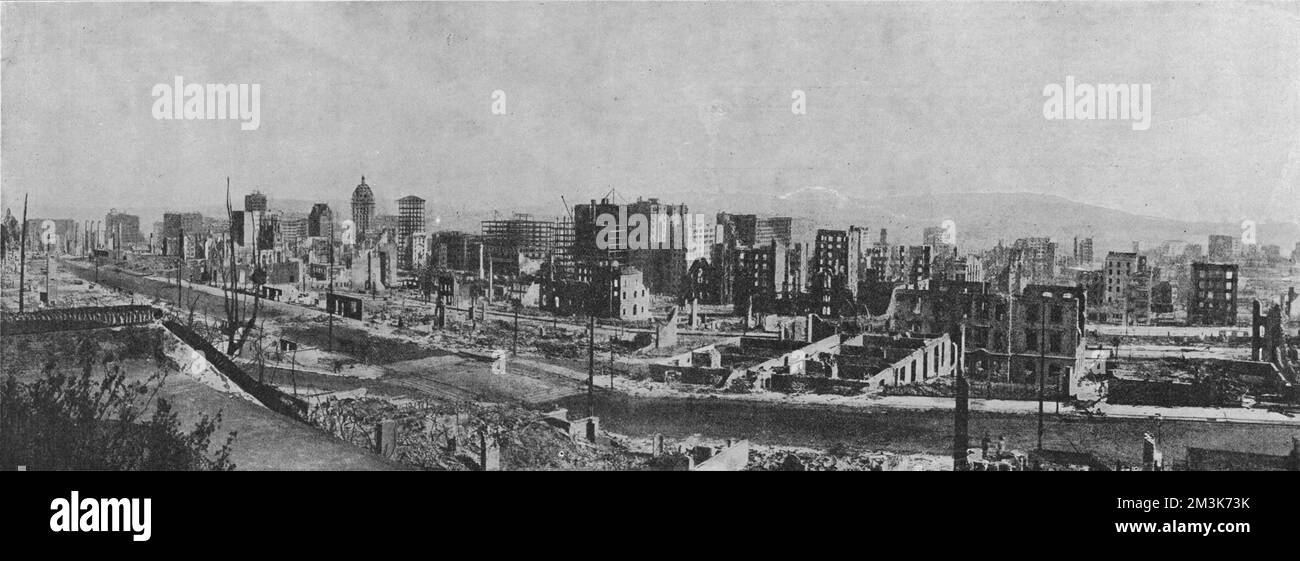 Panoramic view of the ruins of San Francisco following the earthquake of 1906.  In the centre is the St. Francis Hotel, with the Flood Building to its right.  Also visible are the 'Call' building and the Dewey monument.  The earthquake occurred on the 18th April 1906 in San Francisco, California, USA which lies across the San Andreas Fault.  Measuring 7.9 on the richter scale, the earthquake and subsequent fires resulted in the loss of 3000 lives and over 300,000 homes.     Date: 19th May 1906 Stock Photo