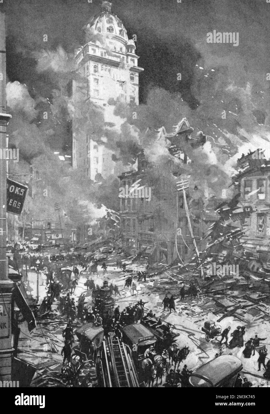Drawing by the special artist of 'Leslie's Weekly' re-published in The Illustrated London News showing 'The ruin of the business centre: The burning of the 'call' building in Market Street'.  Market Street was the great commercial centre of San Francisco with the Spreckels or 'Call' building one of the tallest in the city.  The earthquake occurred on the 18th April 1906 in San Francisco, California, USA which lies across the San Andreas Fault.  Measuring 7.9 on the richter scale, the earthquake and subsequent fires resulted in the loss of 3000 lives and over 300,000 homes.     Date: 12th May 1 Stock Photo