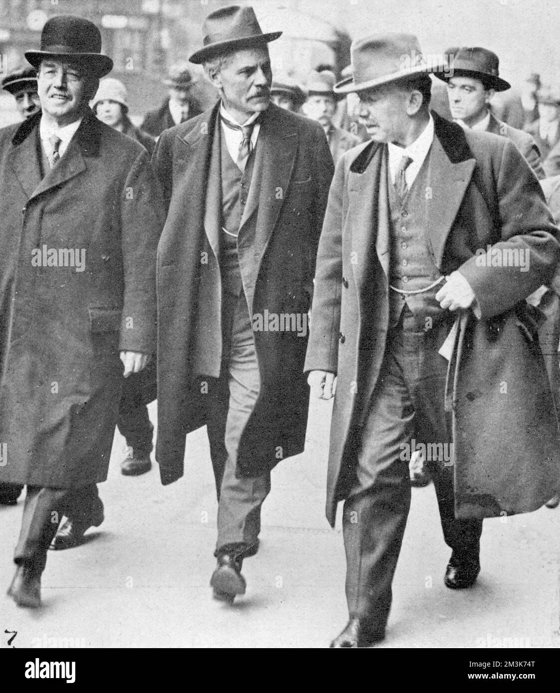 Labour leaders during the General Strike: (left to right), Arthur Henderson, Ramsay MacDonald (leader of the opposition) and Mr J. H. Thomas.   In support of a strike by coal miners over the issue of threatened wage cuts, the Trades Union Congress called a General Strike in early May 1926. The strike only involved certain key industrial sectors (docks, electricity, gas, railways) but, in the face of well-organised government emergency measures and lack of real public support, it collapsed after nine days.  1926 Stock Photo