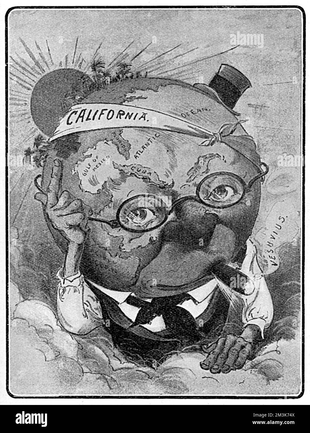 Cartoon showing a globe-headed American character nursing his bandaged head; a humorous look at the effects of the San Francisco earthquake on the American economy. Originally published in 'Judge', the well-known American paper. The earthquake occurred on the 18th April 1906 in San Francisco, California, USA which lies across the San Andreas Fault.  Measuring 7.9 on the richter scale, the earthquake and subsequent fires resulted in the loss of 3000 lives and over 300,000 homes.     Date: 6th June 1906 Stock Photo