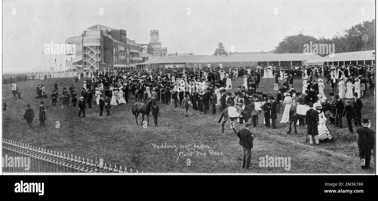Crowds gathering near the paddock before the Hunt Cup Race.     Date: 28th June 1902 Stock Photo