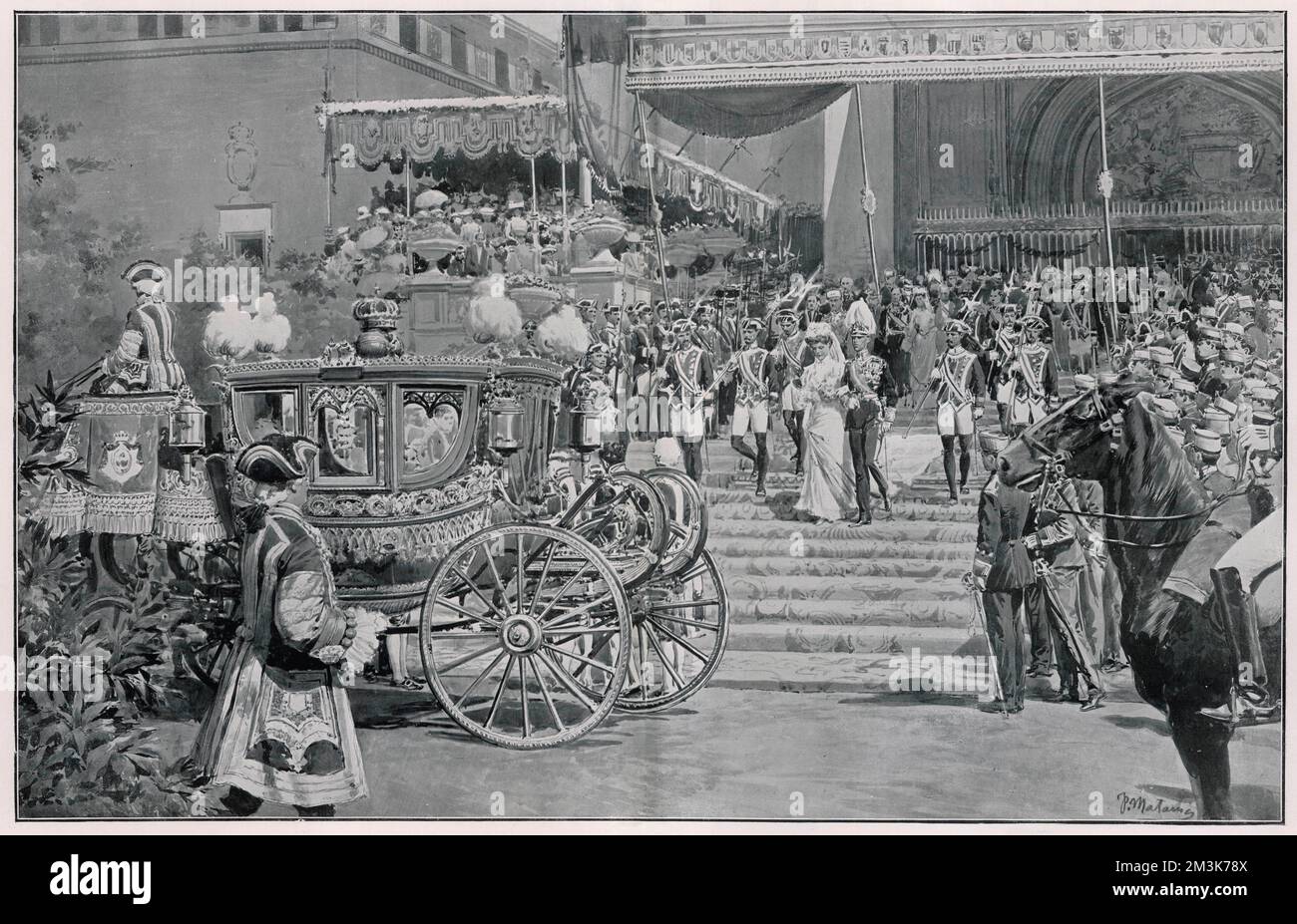 Double page illustration by Fortunino showing the royal party descending the steps of the Church of San Geronimo in Madrid following the marriage of Princess Ena of Battenberg to King Alfonso XIII of Spain on May 31st 1906. Shortly afterwards an anarchist threw a bomb at the royal couple's carriage. Ena and Alfonso escaped injury but 20 people were killed and countless others injured.     Date: 01/06/1906 Stock Photo