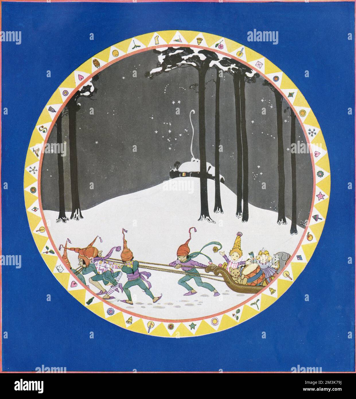A plate design showing elves pulling a sleigh filled with toys through a wood. Stock Photo