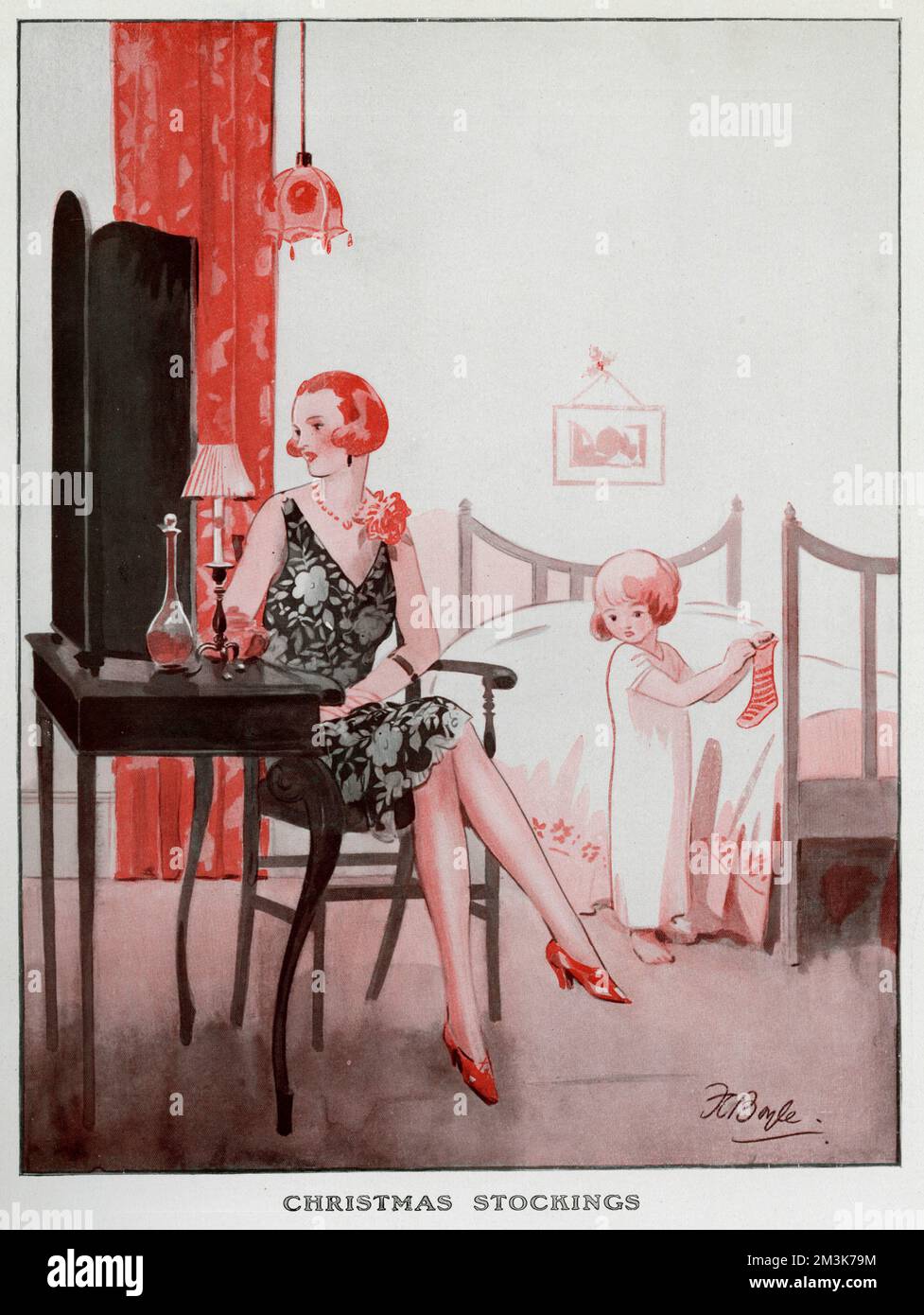 Young girl looks down at her mothers stockings that she is wearing, and thinks to herself that she wished that she had them instead of her own, because Santa would be able to put more presents in them.     Date: 1927 Stock Photo