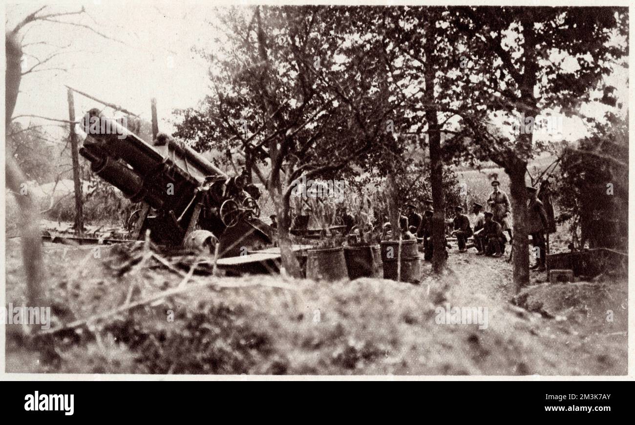 British howitzers in action during the bombardment of the German lines preceding the beginning of the Battle of the Somme on July 1st 1916.  Intended to be a decisive breakthrough, the Battle of the Somme instead became a futile and indiscriminate slaughter, with General Haig's tactics remaining controversial even today.  The four and a half month campaign eventually gave way to a stalemate and by mid-November the offensive was over.  The British forces were decimated with 420,000 casualties, among them many of the new voluntary battalions.  1916 Stock Photo