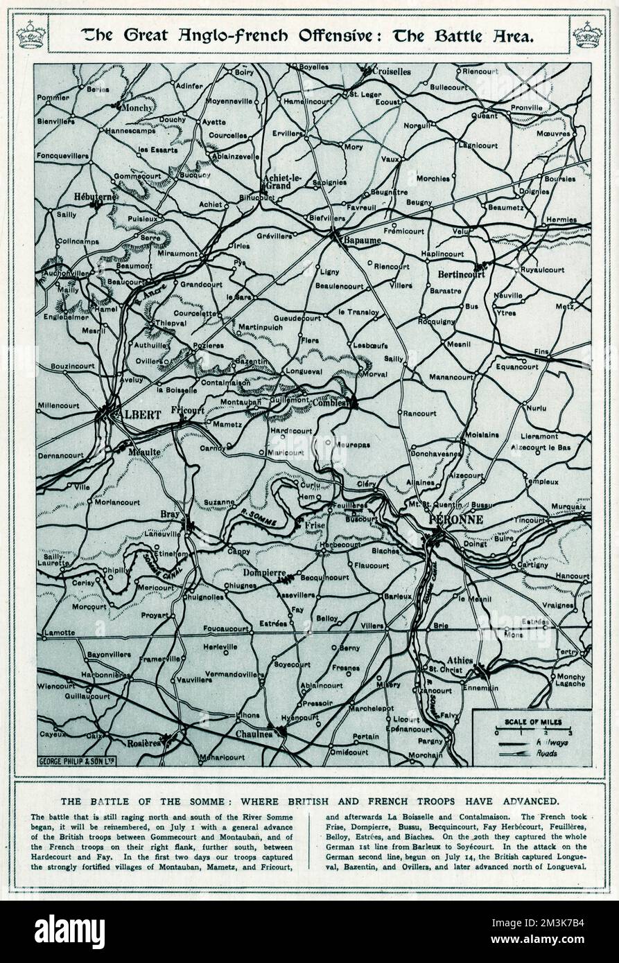 A map showing the advancement of British troops north and south of the River Somme.  1916 Stock Photo