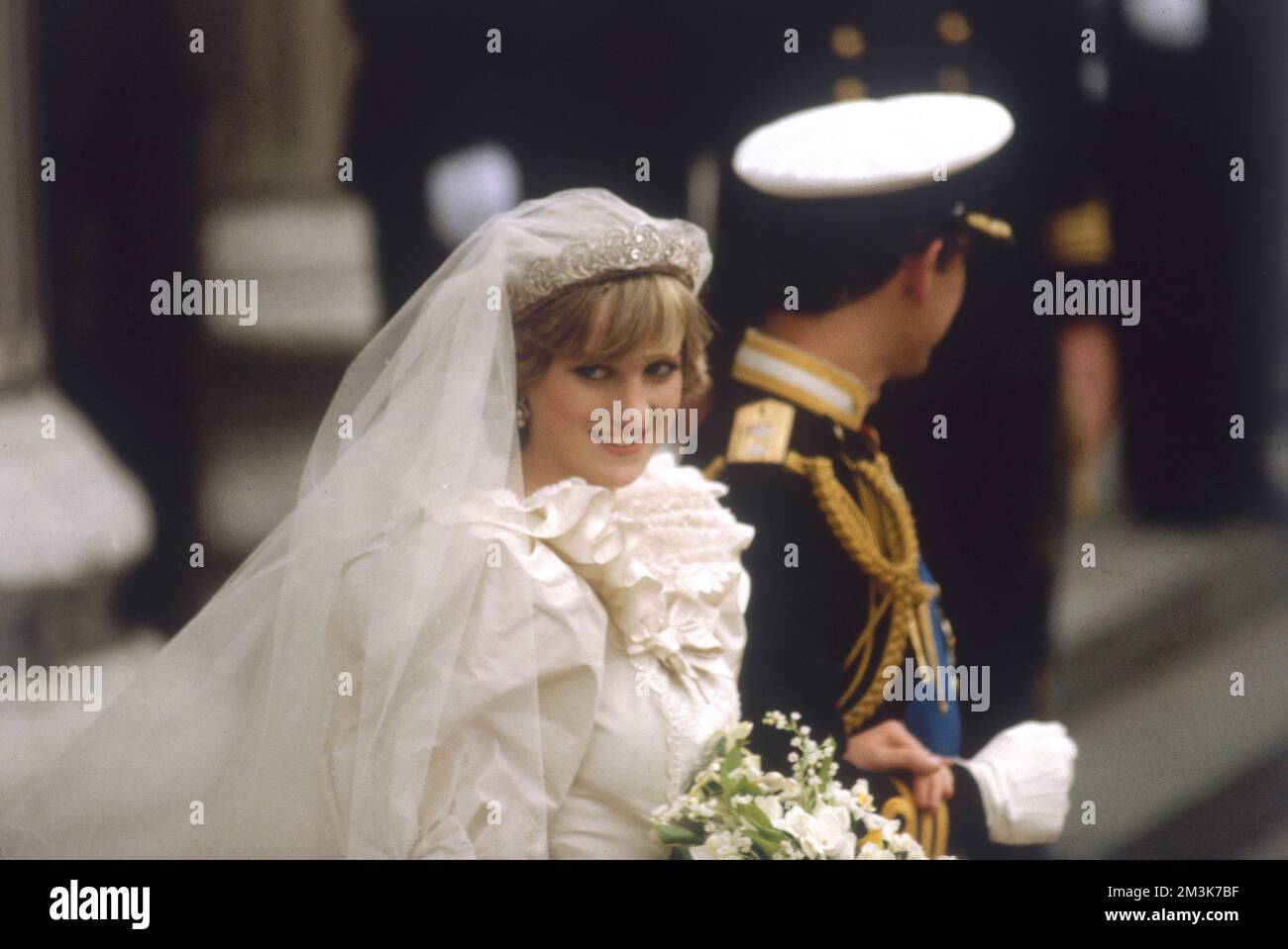A photograph of Prince Charles with his bride, the Princess of Wales (formerly Lady Diana Spencer). Crowds of 60000 people lined the streets of London to watch the ceremony on the 29th July 1981.     Date: 29th July 1981 Stock Photo