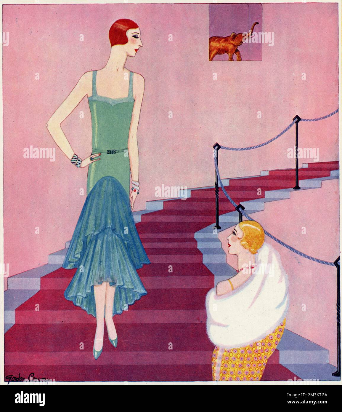 A fashion illustration showing a green chiffon velvet gown with blue silk net ruffles. The image on the right shows a coat of brocaded lame with an ermine collar.     Date: 1929 Stock Photo