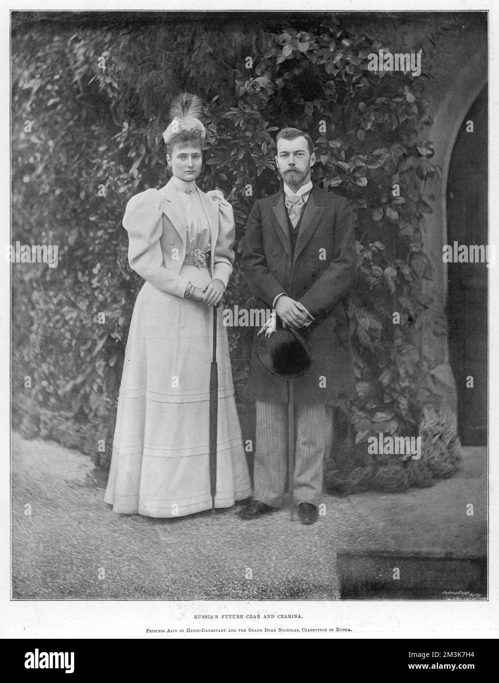 Princess Alix of Hesse-Darmstadt, later Tsaritsa Alexandra Feodorovna (1872-1918) with the Tsesarevich of Russia, later Tsar Nicholas II.  Nicky was in love with Alix for a long time and his feelings were returned but Alix was deeply religious and could not bring herself to convert from her Lutheran faith to Russian Orthodoxy.  She eventually relented when the family were gathered in Coburg for the wedding of Princess Victoria Melita of Edinburgh to Alix's brother Grand Duke Ernst Ludwig of Hesse.  The couple were murdered, along with their five children, by Bolsheviks at Ekaterinburg on 17th Stock Photo