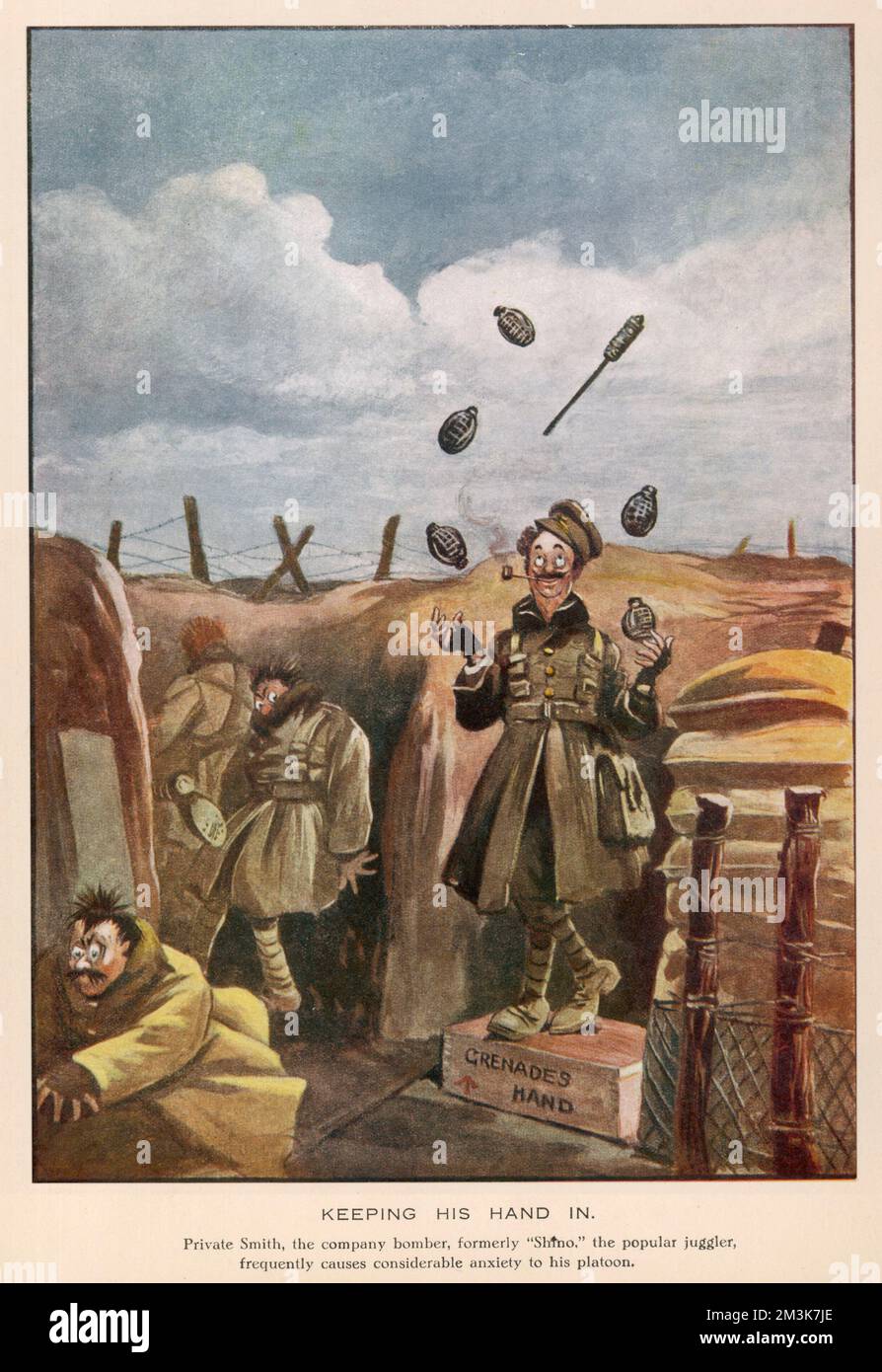 Private Smith, the company bomber, formerly Shino,' the popular juggler, frequently causes considerable anxiety to his platoon.'  Originally an amateur artist, Bairnsfather's cockney humour displayed in his view of the Front (he served in the Royal Warwickshire Regiment until December 1916) was popular. He became well-known through his work for the Tatler and the Bystander during this period.     Date: 1917 Stock Photo