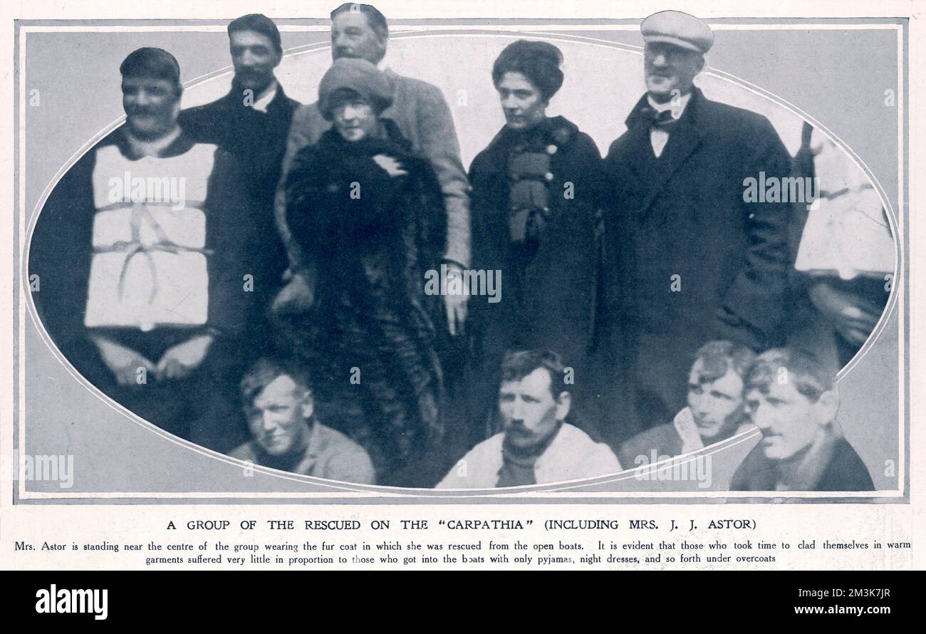 Survivors of the Titanic disaster on the Carpathia, including Mrs J. J. Astor (left of centre, wearing fur coat).     Date: 11th May 1912 Stock Photo
