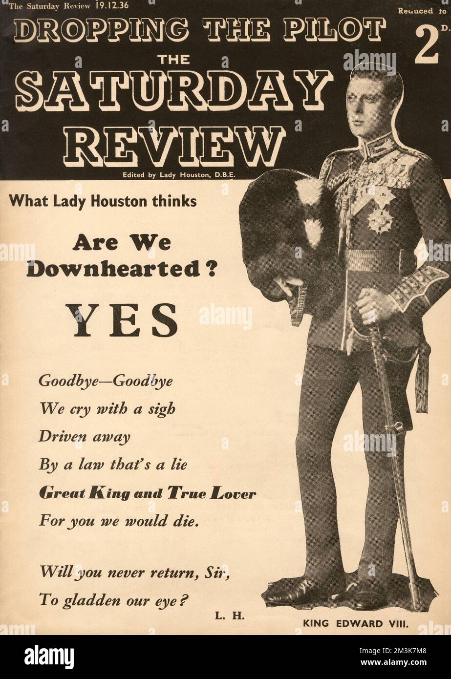 Front cover of the Saturday Review from December 1936, referring to the abdication of King Edward VIII.  Edward chose to give up the throne to marry the twice-divorced Wallis Simpson, thereafter becoming the Duke of Windsor.     Date: 01/12/1936 Stock Photo