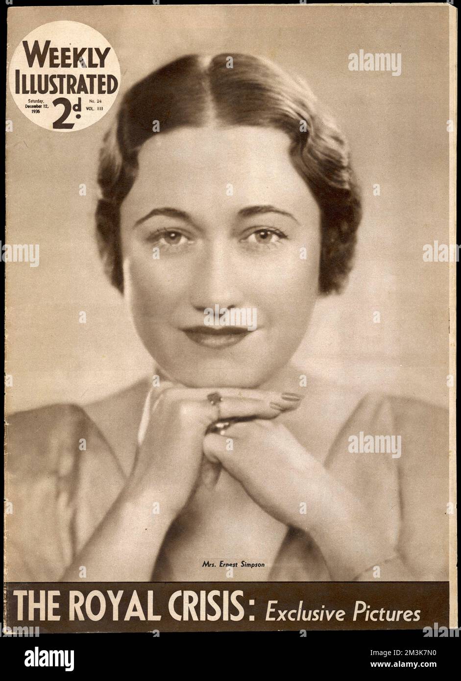 Front cover of the Weekly Illustrated newspaper from December 1936 showing a portrait of Mrs Ernest (Wallis) Simpson.  In 1936, there was a constitutional crisis when the new king, Edward VIII declared his wish to marry Mrs Simpson, a twice divorced American.  He abdicated the throne, becoming the Duke of Windsor and marrying Wallis in France on June 3rd 1937.     Date: 1896 - 1986 Stock Photo