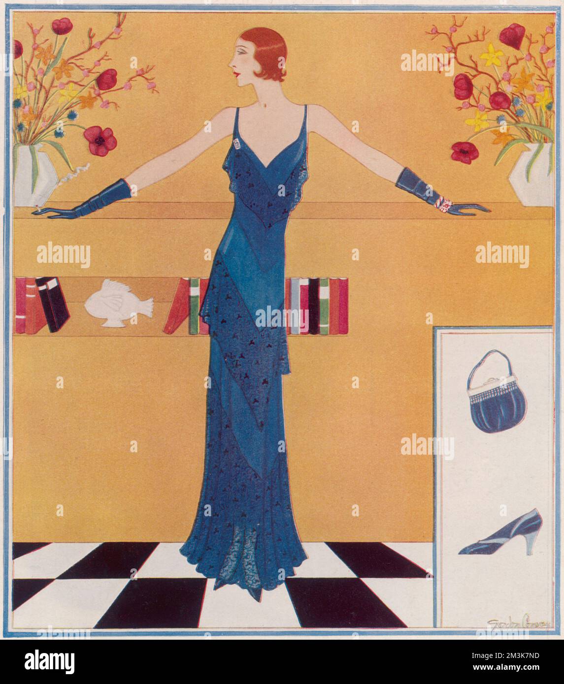 Fashion illustration by Gordon Conway. An evening gown in blue chiffon and lace. The flounce on the waist and the upper flounce on the skirt are appliqued to the frock across the front and back; only the sides hang loose. Blue suede gloves are worn with it, also satin slippers in two shades of blue. The bag is in chiffon velvet with a with a crystal top and a fringe of crystal beads.     Date: 1930 Stock Photo