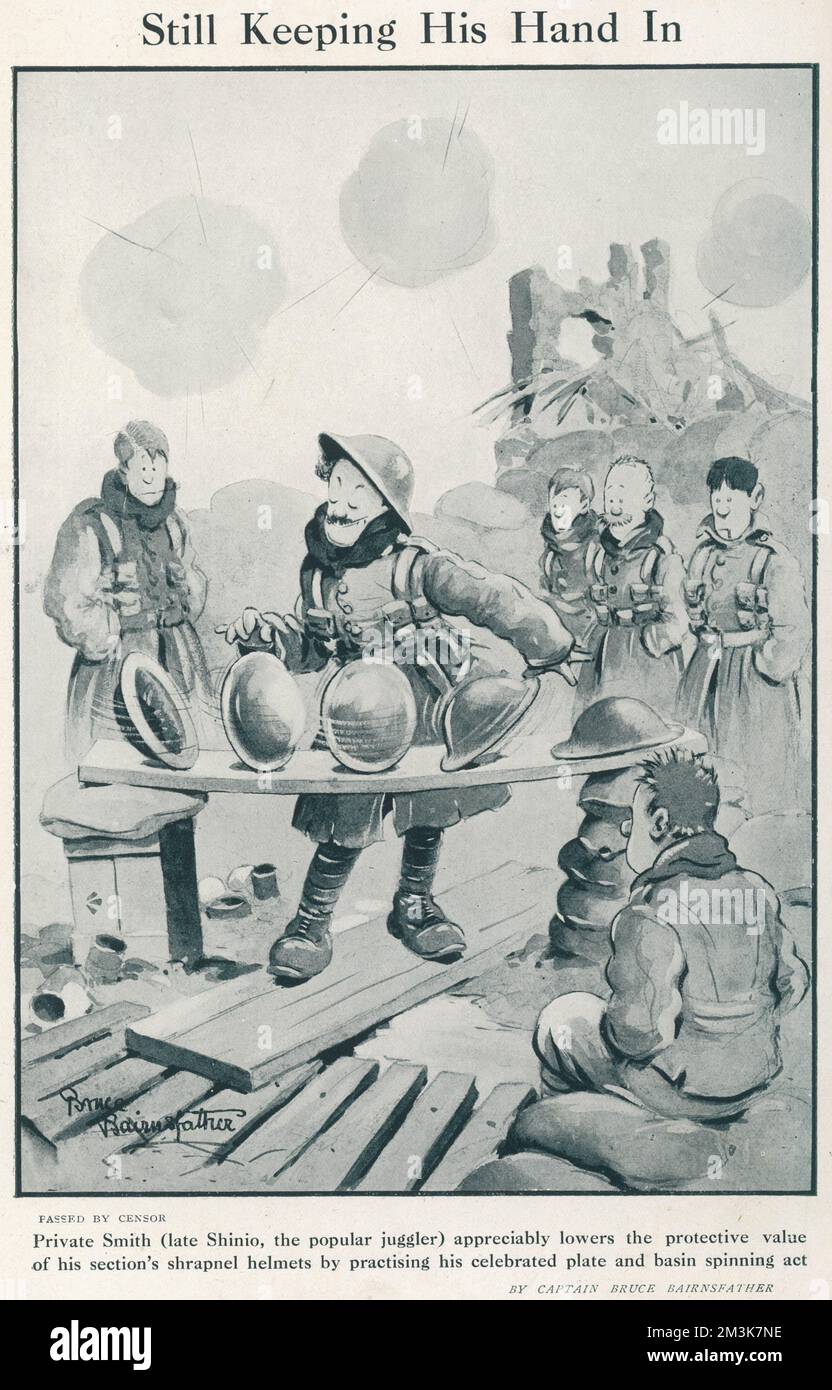 Private Smith (late Shinio, the popular juggler) appreciably lowers the protective value of his section's shrapnel helmets by practising his celebrated plate and basin spinning act.  Originally an amateur artist, Bairnsfather's cockney humour displayed in his view of the Front (he served in the Royal Warwickshire Regiment until December 1916) was popular. He became well-known through his work for the Tatler and the Bystander during this period.     Date: 1917 Stock Photo