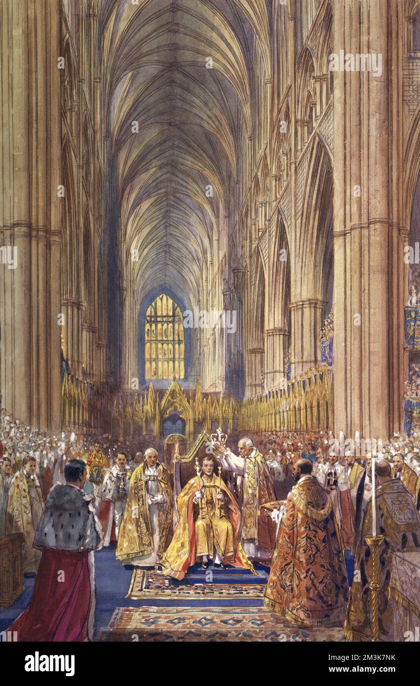 Impression of the coronation of King George VI in Westminster Abbey, London, showing the moment the king is crowned.      Date: 12th May 1937 Stock Photo