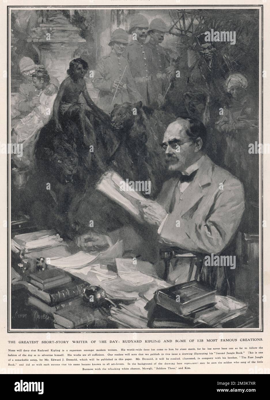 Unconventional Portraits: No.XV.-A Superman amongst writers by Cyrus Cuneo. An impression of Rudyard Kipling, novelist and poet, showing him at work surrounded by characters from his books. Stock Photo