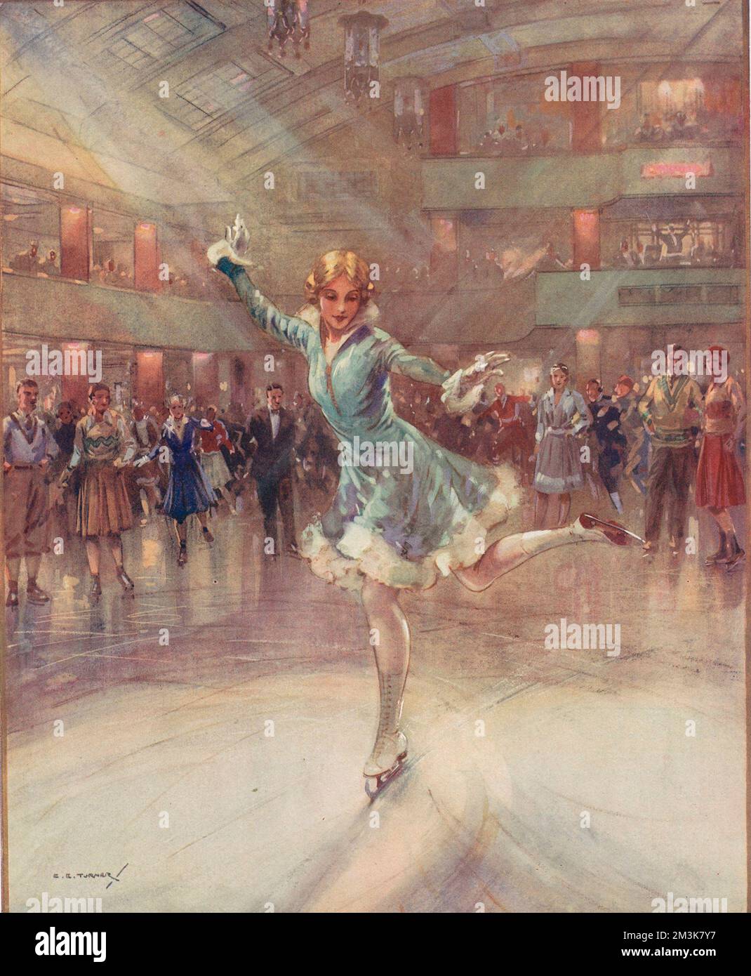 Colour illustration by C.E. Turner depicting the scene inside an ice rink in the 1930s.     Date: 11th November 1931 Stock Photo