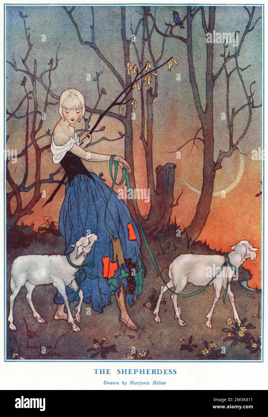 Reminiscent of a Little Bo-Peep, determined never to lose her sheep, this shepherdess has looped ribbons around her charges and garlanded them to her wrist. A bird sings at dawn as the sun rises and the crescent moon descends.     Date:  1927 Stock Photo