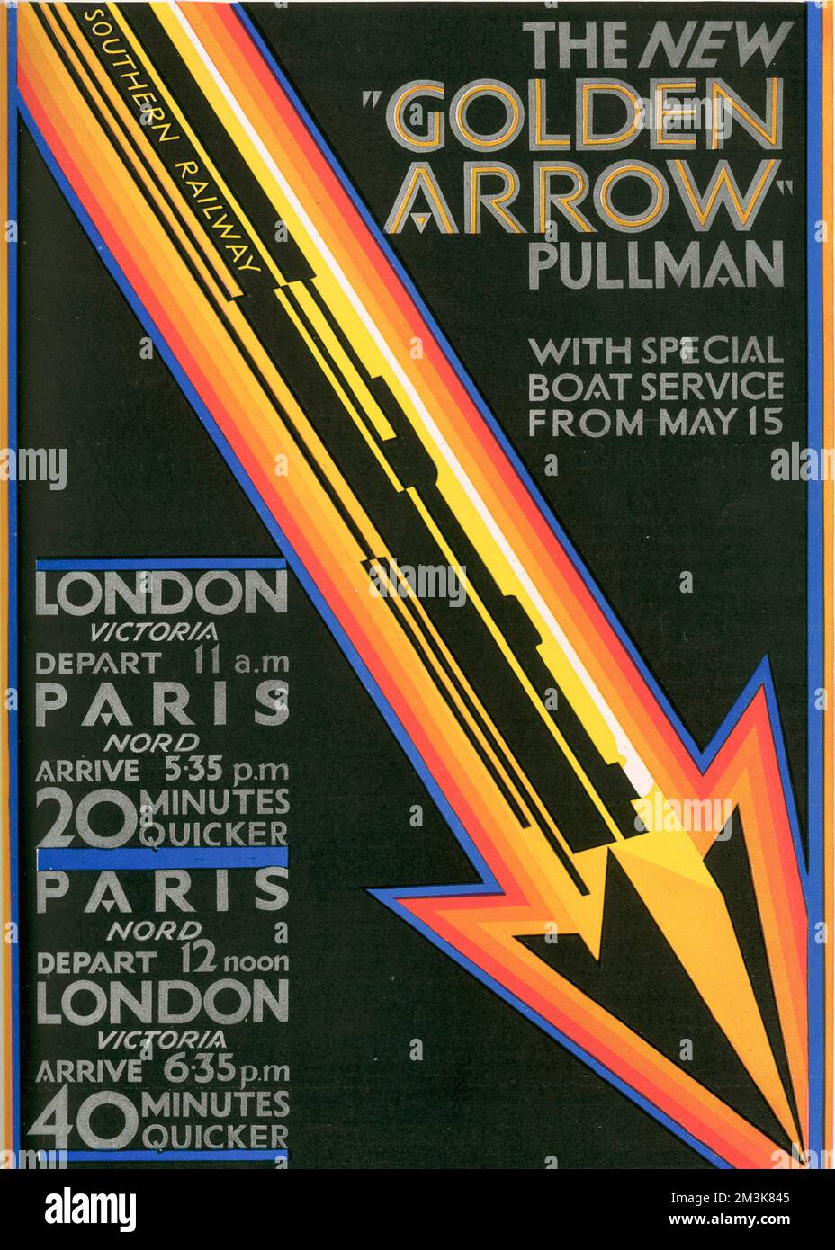 Colour advert for the 'new' 'Golden Arrow' Pullman train from London to Paris with special boat service.  24th April 1929 Stock Photo