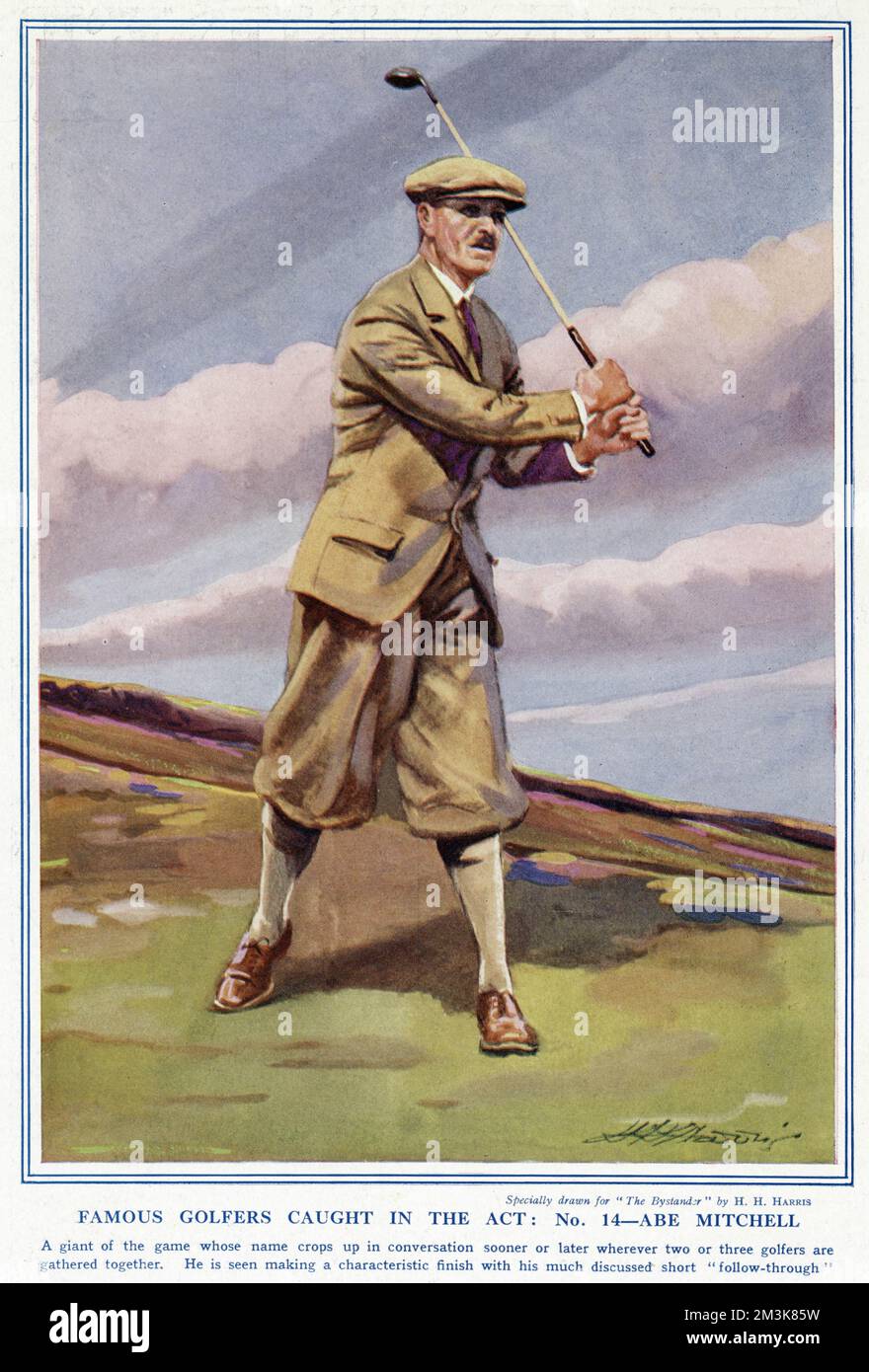 A giant of the game whose name crops up in conversation sooner or later wherever two or three golfers are gathered together. He is seen making a characteristic finish with his much discussed short follow through.     Date: 1928 Stock Photo