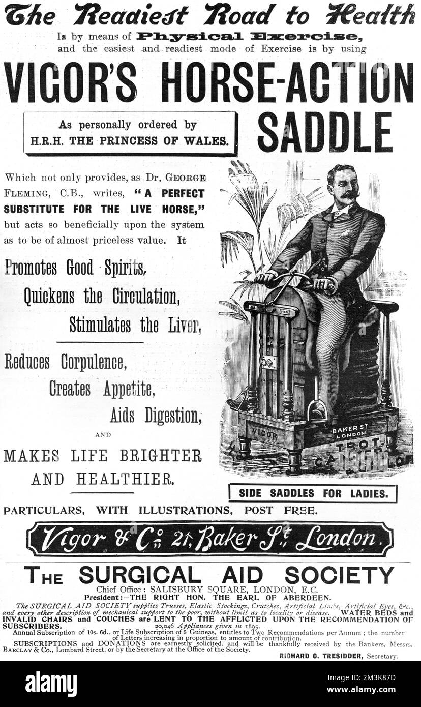 An advertisement for a horse saddle exercise machine. 1896 Stock Photo