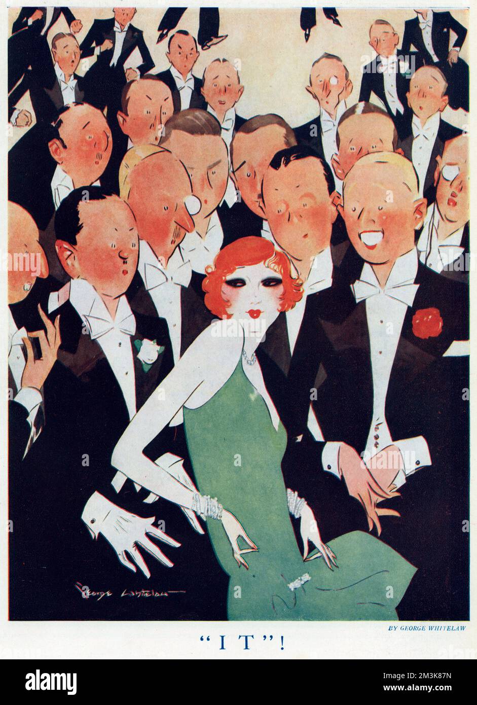 Attractive socialite surrounded by attentive gentlemen.  1929 Stock Photo