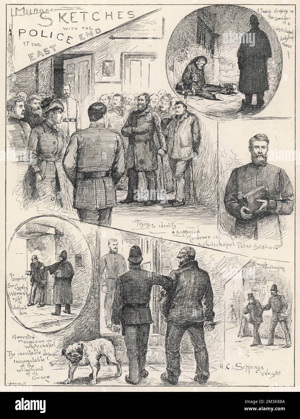 'Sketches with the police at the East End'. A series of sketches during the 'Jack the Ripper' murders showing suspects being arrested and on identity parades. In several of the sketches tramps and vagrants are disturbed and questioned by police officers and one 'disputes Sir Charles Warren's right to disrupt him.' Charles Warren was head of the London Metropolitan Police during the time of the Ripper murders, and was probably unfairly criticised for the failure to find the killer.     Date: 1888 Stock Photo
