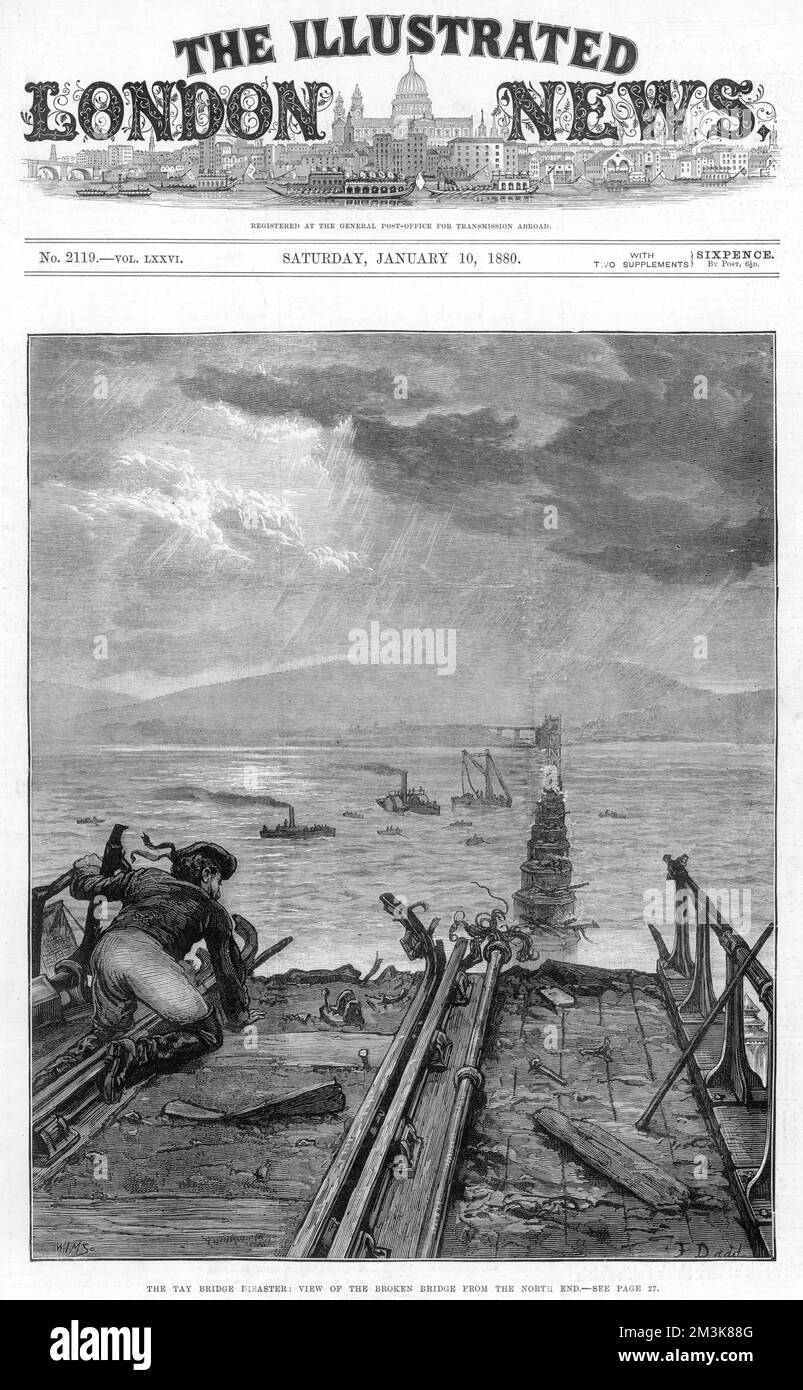 The Tay Bridge disaster, view of the broken bridge from the north end., due to violent storm. The engineer Thomas Bouch advocated the need for a bridge crossing the Tay for a number of years before building began in 1873. The bridge was said to be unstable, especially during bad weather. On the 28th December 1879, during a treacherous weather conditions the Tay Bridge collapse killing over 75 passengers and staff. Bad workmanship and incorrect materials were blamed for the disaster and Bouch's reputation was disgraced.  28th December 1879 Stock Photo
