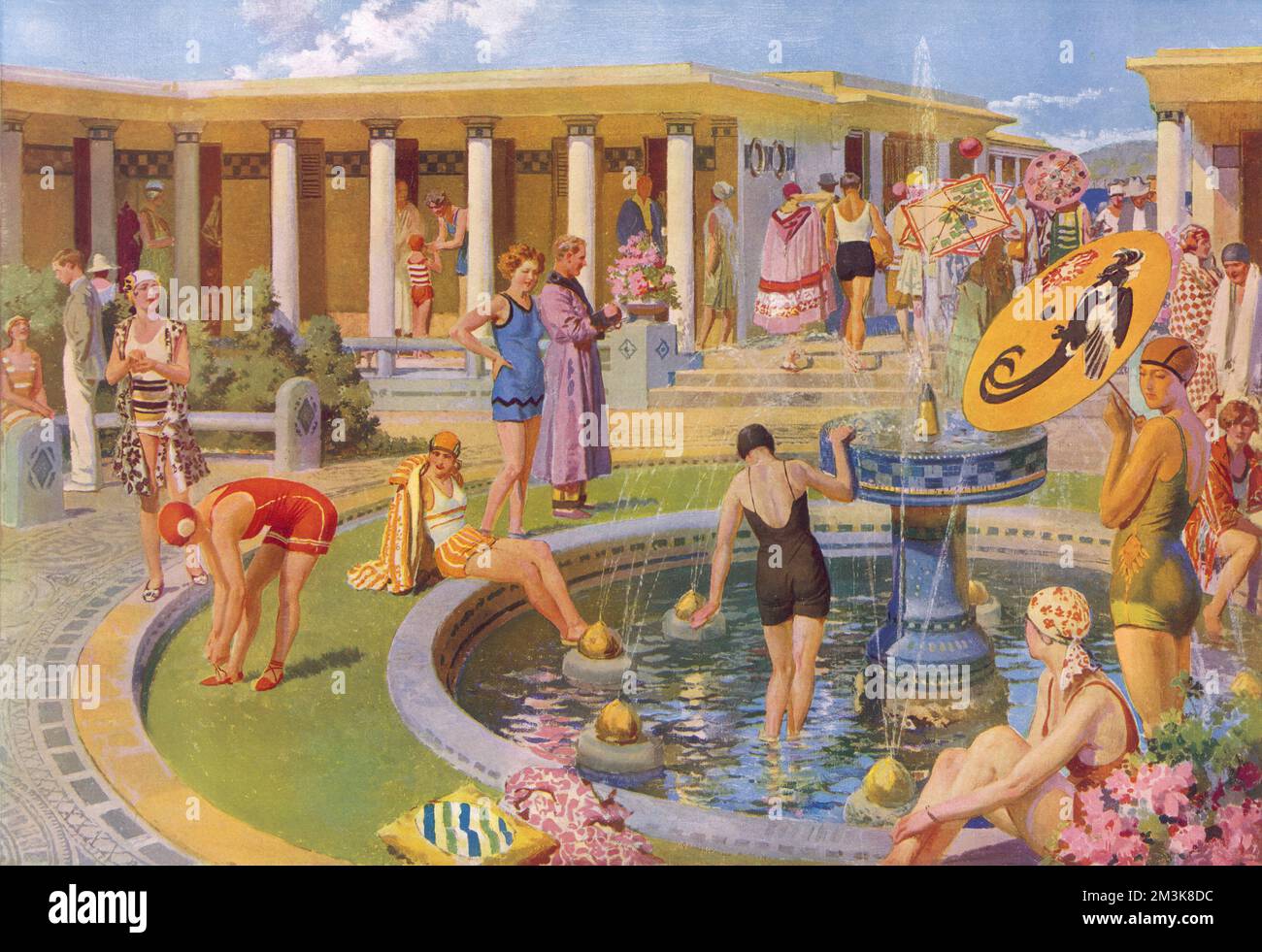 This image depicts the New Bath at Deauville in Normandy by F. Matania. The baths were based on the classic style of ancient Rome providing luxury to wealthy travellers.     Date: 14th July 1928 Stock Photo