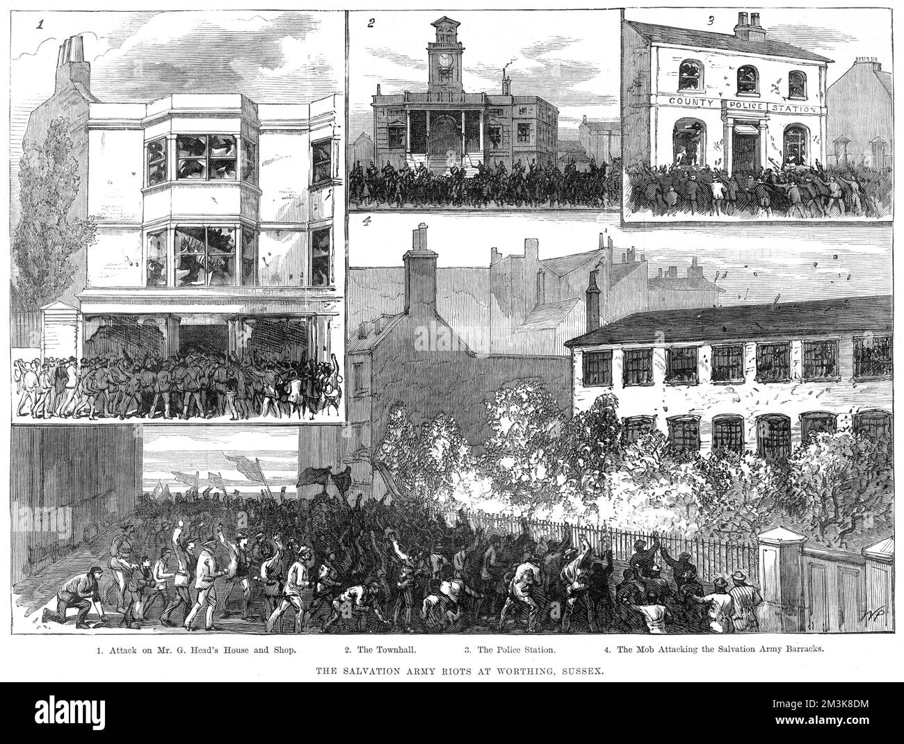 These images show the 'Skeleton Army', opponents of the Salvation Army organised by 'those interested in Sunday drinking', rioting against one of the Salvation Army's religious Sunday processions. The members of the Salvation Army escaped into Montague Hall and hid there for the rest of the day.    1. Attack on Mr. G. Head's house and shop.  2. The Townhall  3. The Police Station  4. The mob attacking the Salvation Army Barracks.     Date: 1884 Stock Photo