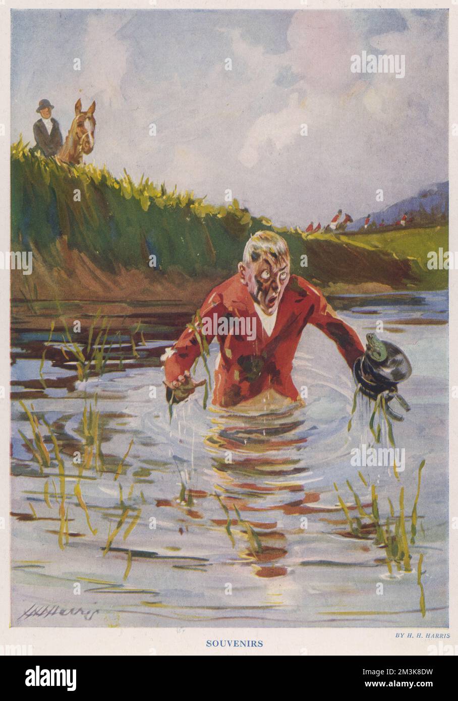 A man who has fallen into a pond whilst on a hunt.     Date: 1928 Stock Photo