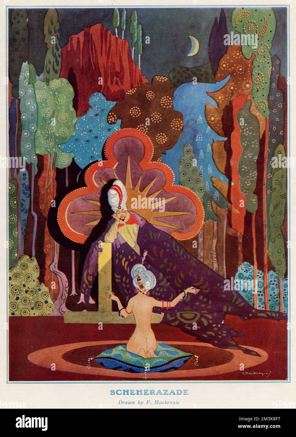 This drawing depicts a scene in the legend of The One Thousand and One Arabian nights. Queen Scheherazade is telling a story to King Shahrayar.     Date: 1927 Stock Photo