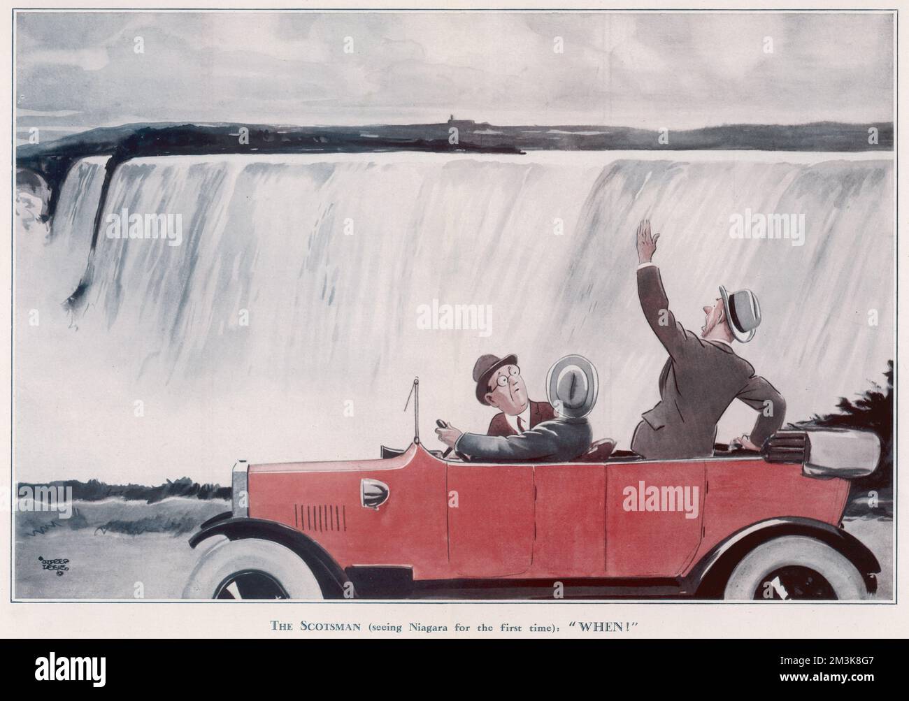 Three gentlemen looking at Niagara Falls from their car     Date: 1928 Stock Photo