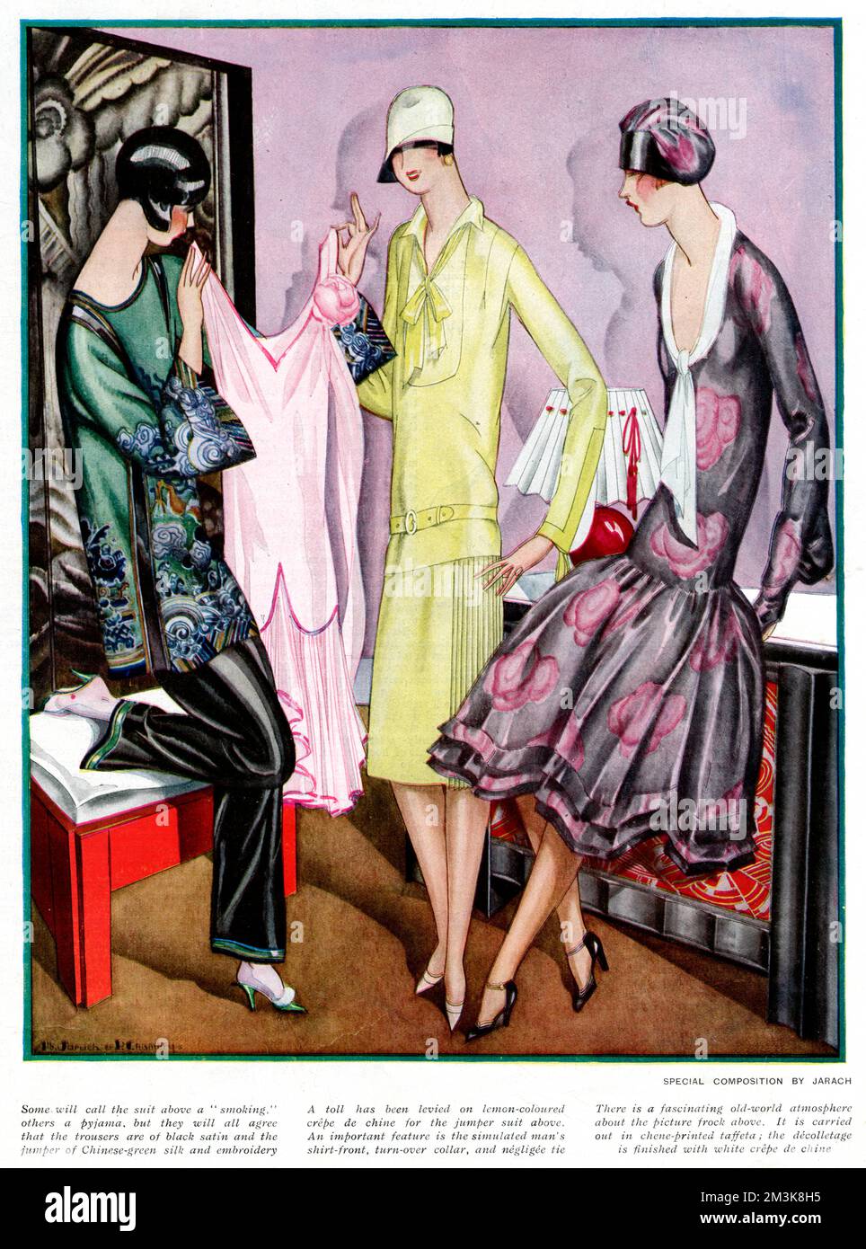 Latest trends from Paris in the spring of 1926. Here, the women are wearing a flaring skirt, smoking suit, straight suit and picture frock.     Date: 1926 Stock Photo