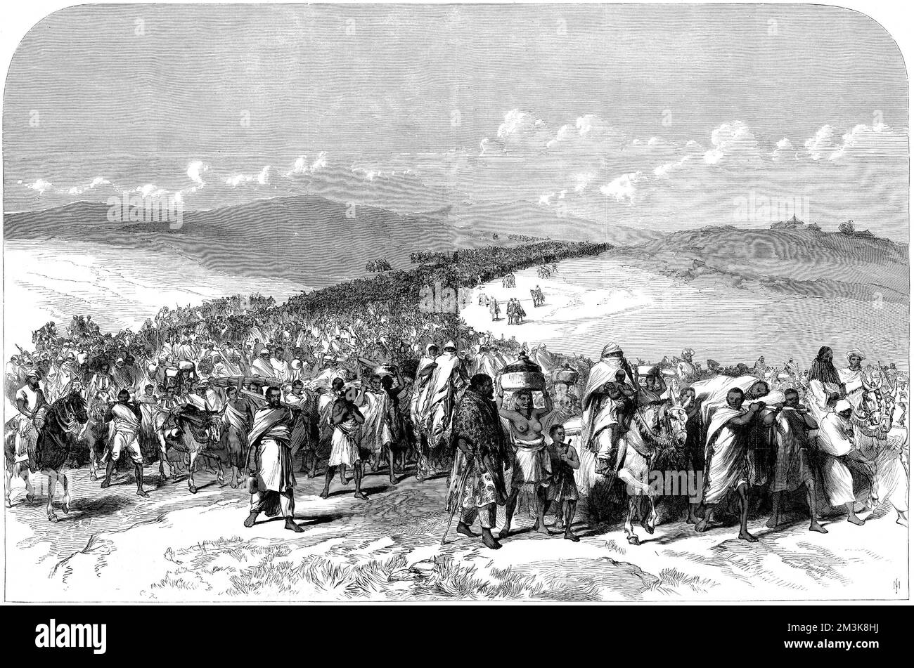 The British 1868 Expedition to Abyssinia was a punitive expedition against King Theodore, after he had imprisoned missionaries and representatives of the British Government. After the British had bombarded Magdala and defeated the Abyssinian Army, King Theodore shot himself. This image shows the exodus of the population, including thousands of the men of King Theodore's defeated army with their wives and children. In total it is thought that 30,000 people were part of this flight.     Date: 13th June 1868 Stock Photo