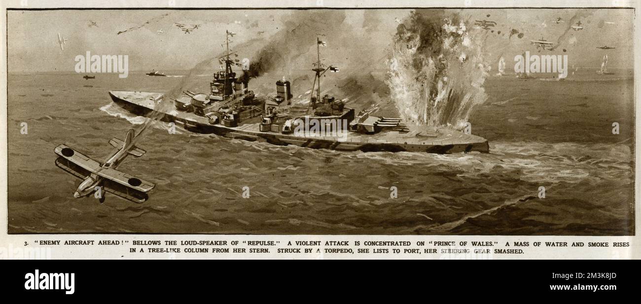 Japanese attack on the battleship HMS Prince of Wales  at Malaya near Kuantan Pahang.  1941 Stock Photo