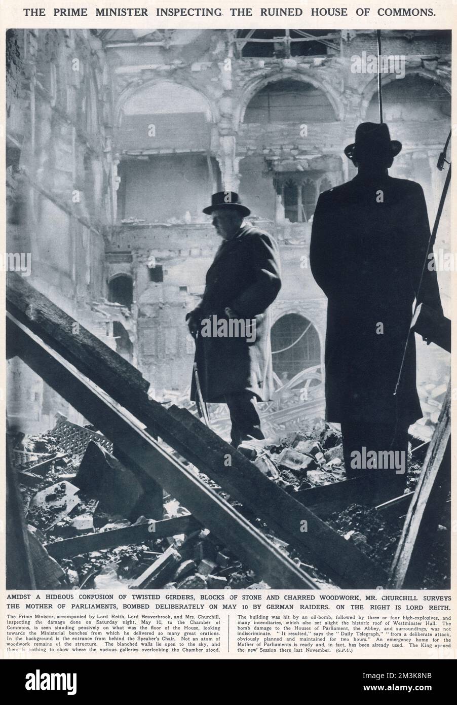 Winston Churchill inspecting the damage to the House of Commons after an attack during the Blitz on 10th May 1941     Date: 10th May 1941 Stock Photo