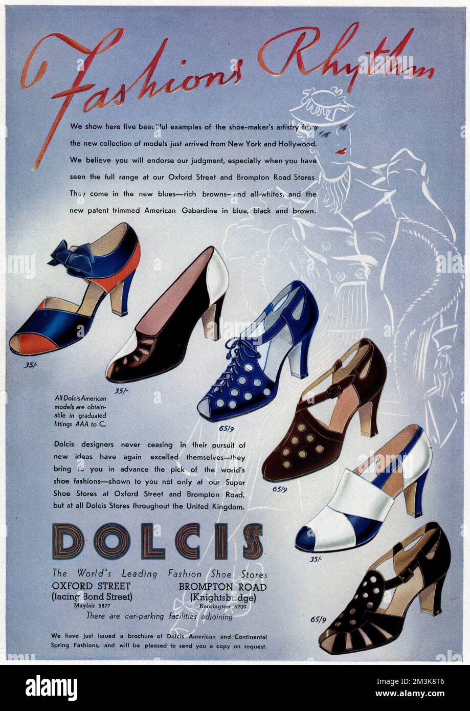 An advertisement for Dolcis shoes including a selection of high heeled peep toe and closed toe sandals in various colours   1937 Stock Photo