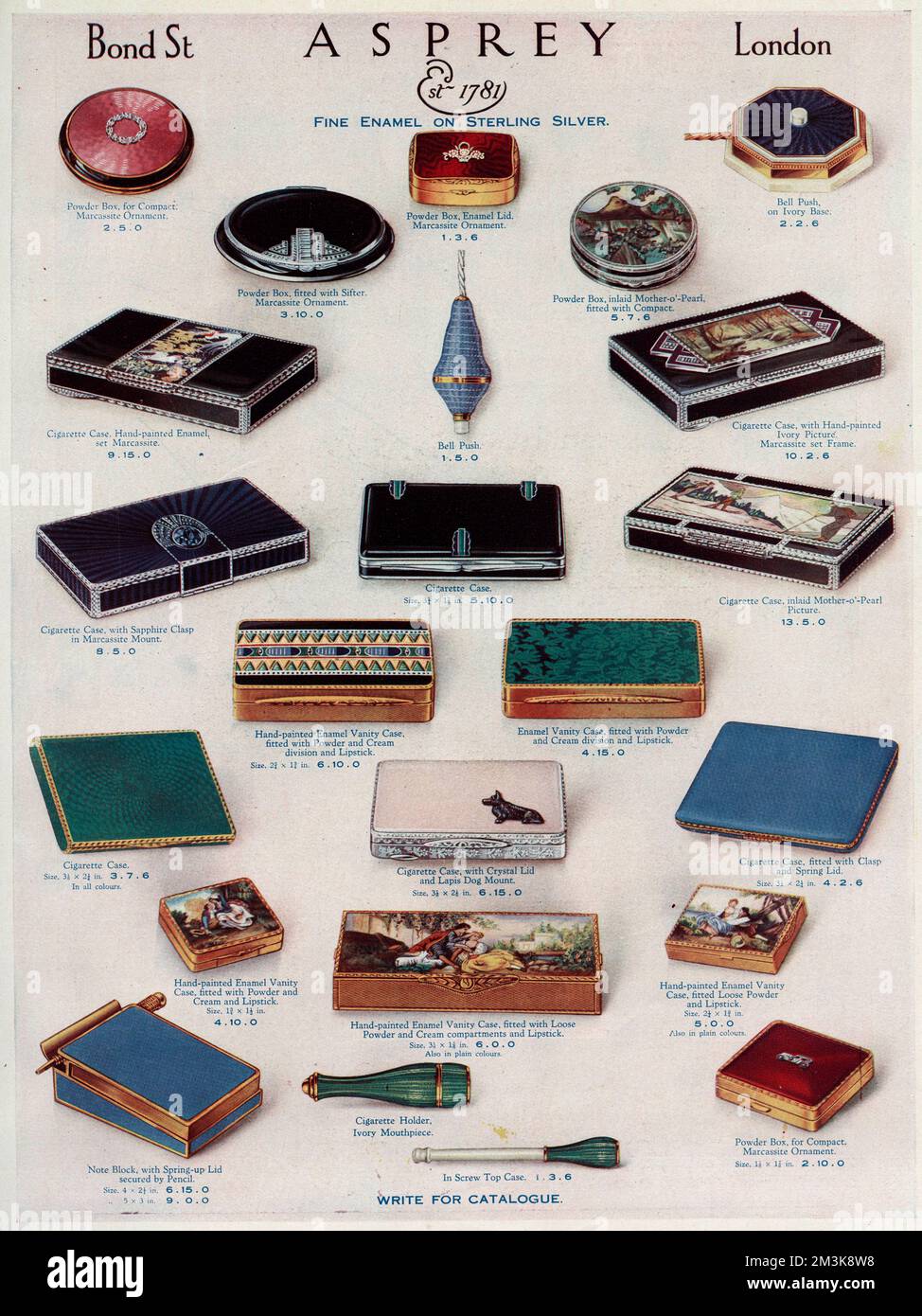Asprey of Bond Street displaying a wide variety of Christmas present ideas for the woman, including lots of cigarette cases, cigarette holder, vanity case and powder boxes.      Date:  1930 Stock Photo