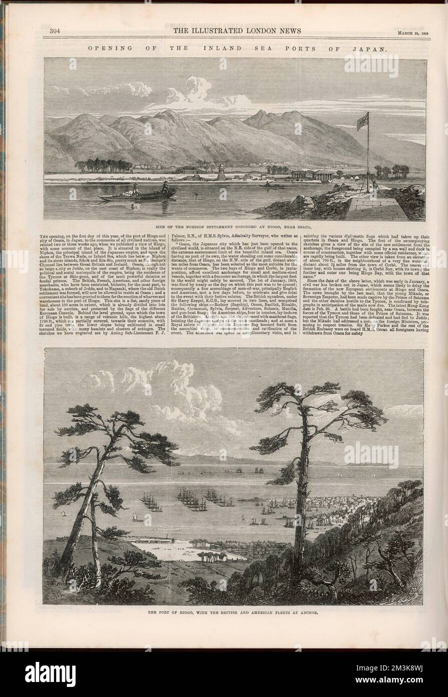 A page from the Illustrated  London news describing the  opening of the inland sea  ports of Japan on 1 January  1868, including two engravings  of Hiogo, near Osaka     Date: 28 March 1868 Stock Photo