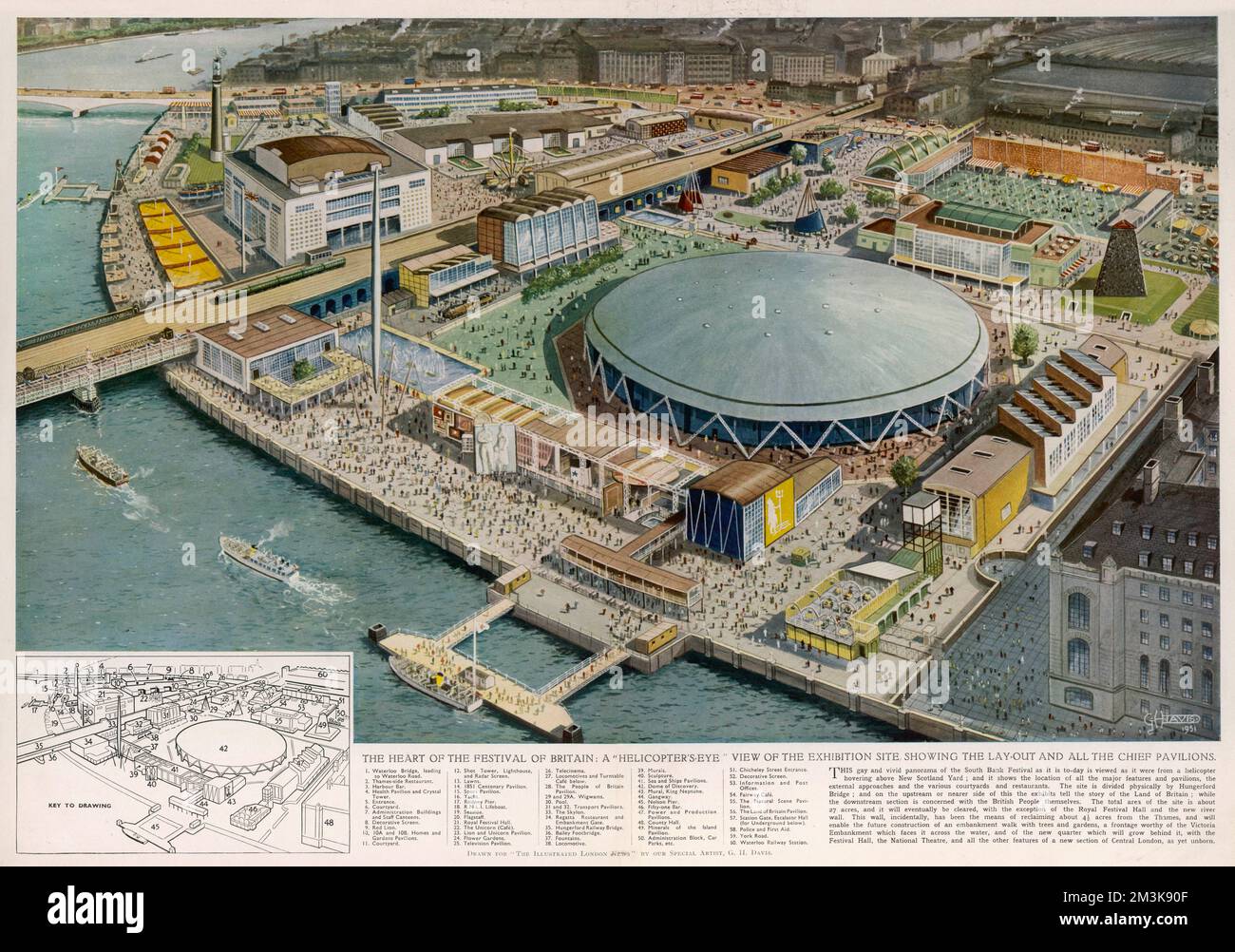Aerial view of the exhibition site of the 1951 Festival of Britain on London's South Bank showing the Dome of Discovery, The Skylon and other pavilions.  12 May 1951 Stock Photo