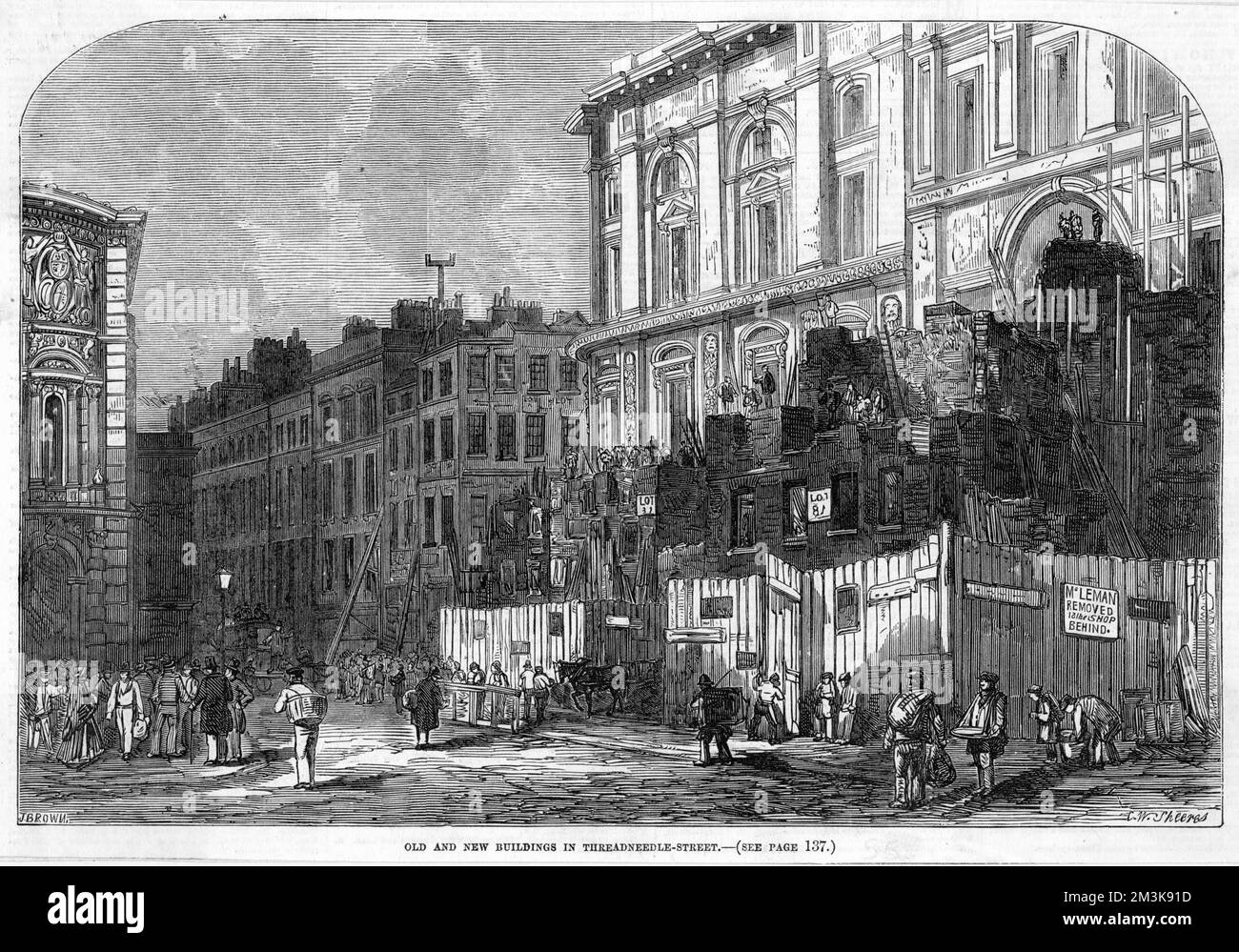 Urban renewal in Threadneedle Street - old and new buildings.    1855 Stock Photo